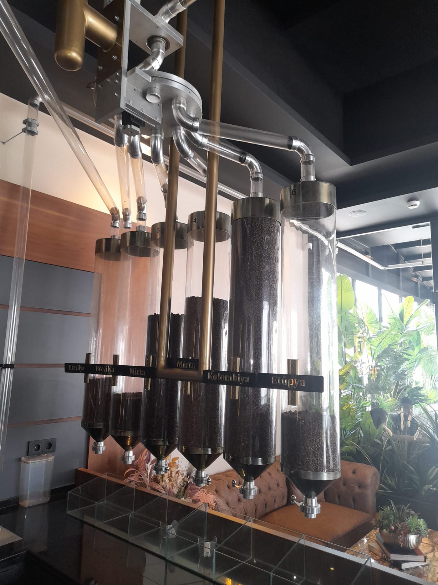 Acrylic pipe run and silo tops at Coffee Land