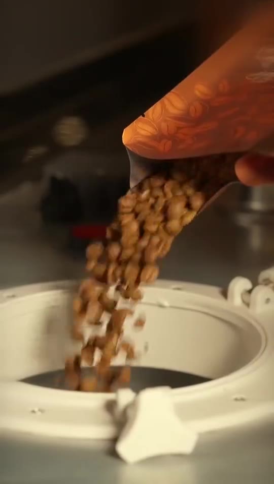 Roasted beans dropping from the acrylic pipe into a grinder hopper